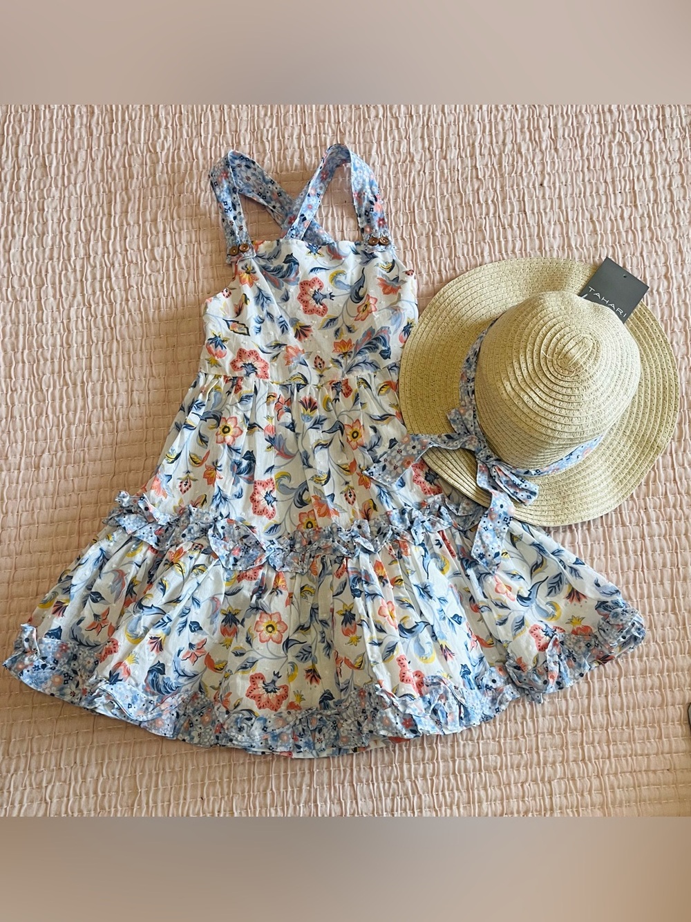 New Tahari Tea Party dress Floral Sundress Girls size  with hat size 5